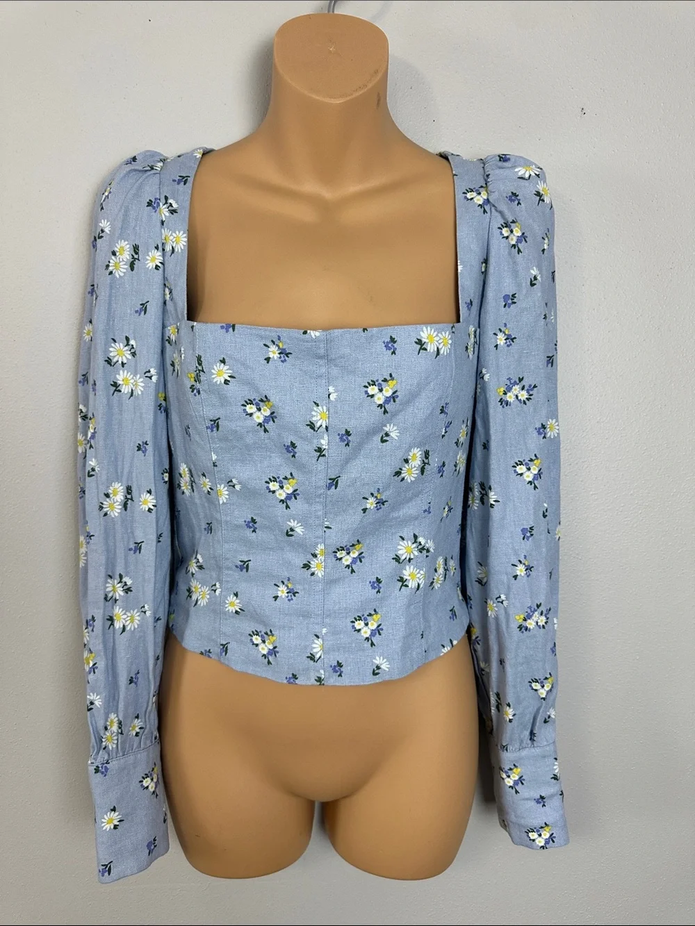 Rachel Zoe Linen Blend Ditsy Daisy Square Neck Puff Sleeve Crop Top